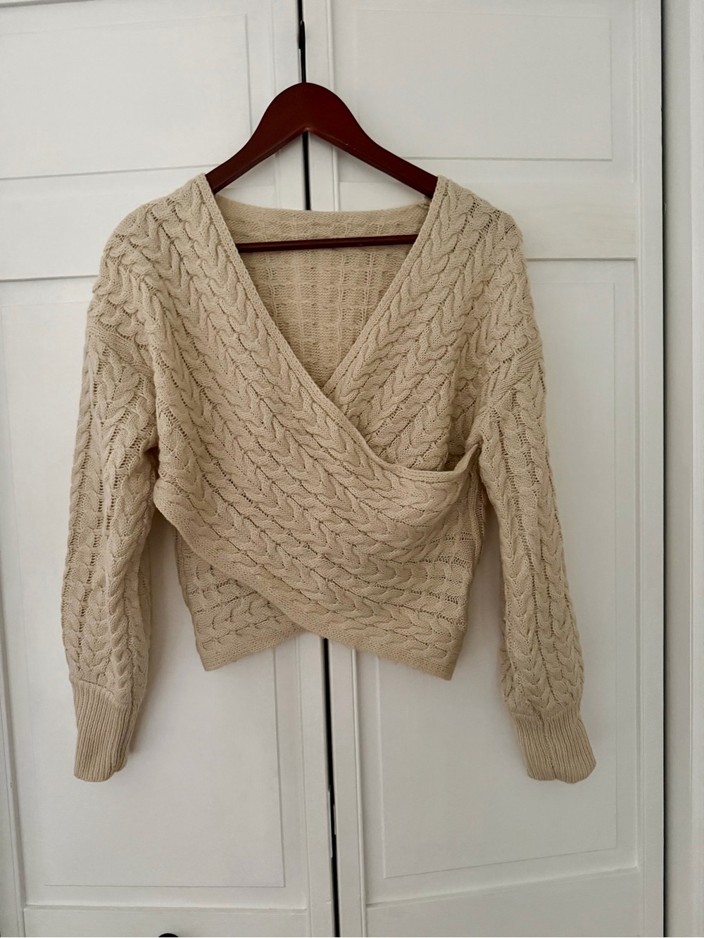 SHEIN Cream Cable-Knit Wrap V-Neck Sweater